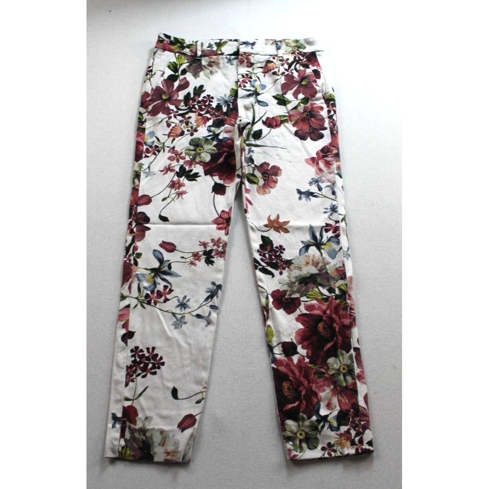 Zara Women White Pants Flower Print Casual Zip Size 4